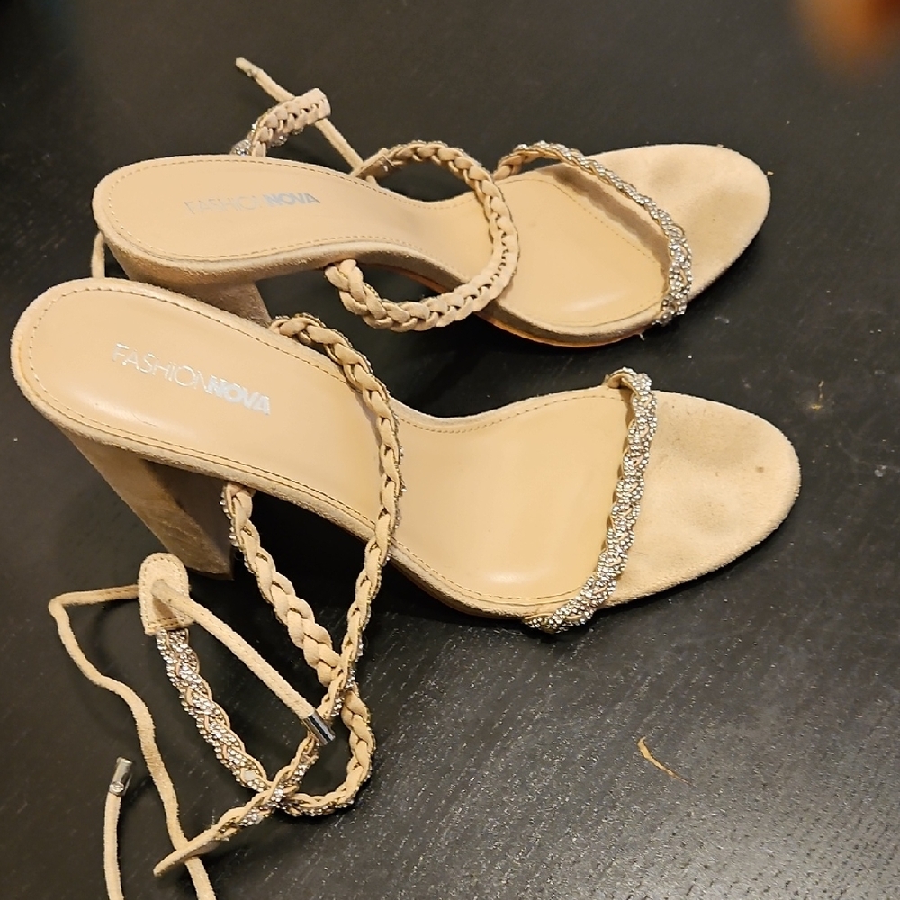 Fashion Nova Rhinestone Tan Heels Elegant Strappy Design